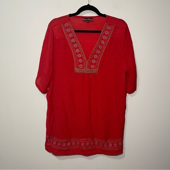 Claire France Women's Red boho peasant embroidered short sleeve gauzy top in 1X - Picture 1 of 8